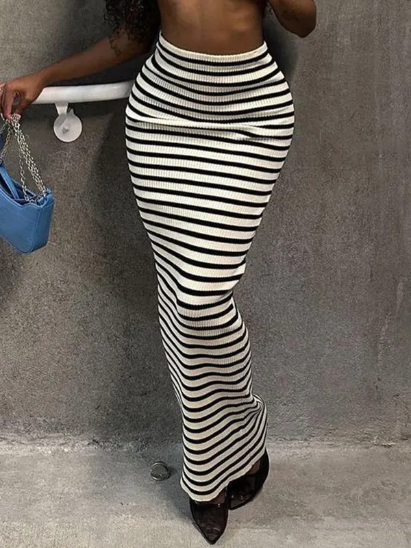 High Waisted H-Line Contrast Color Striped Skirts