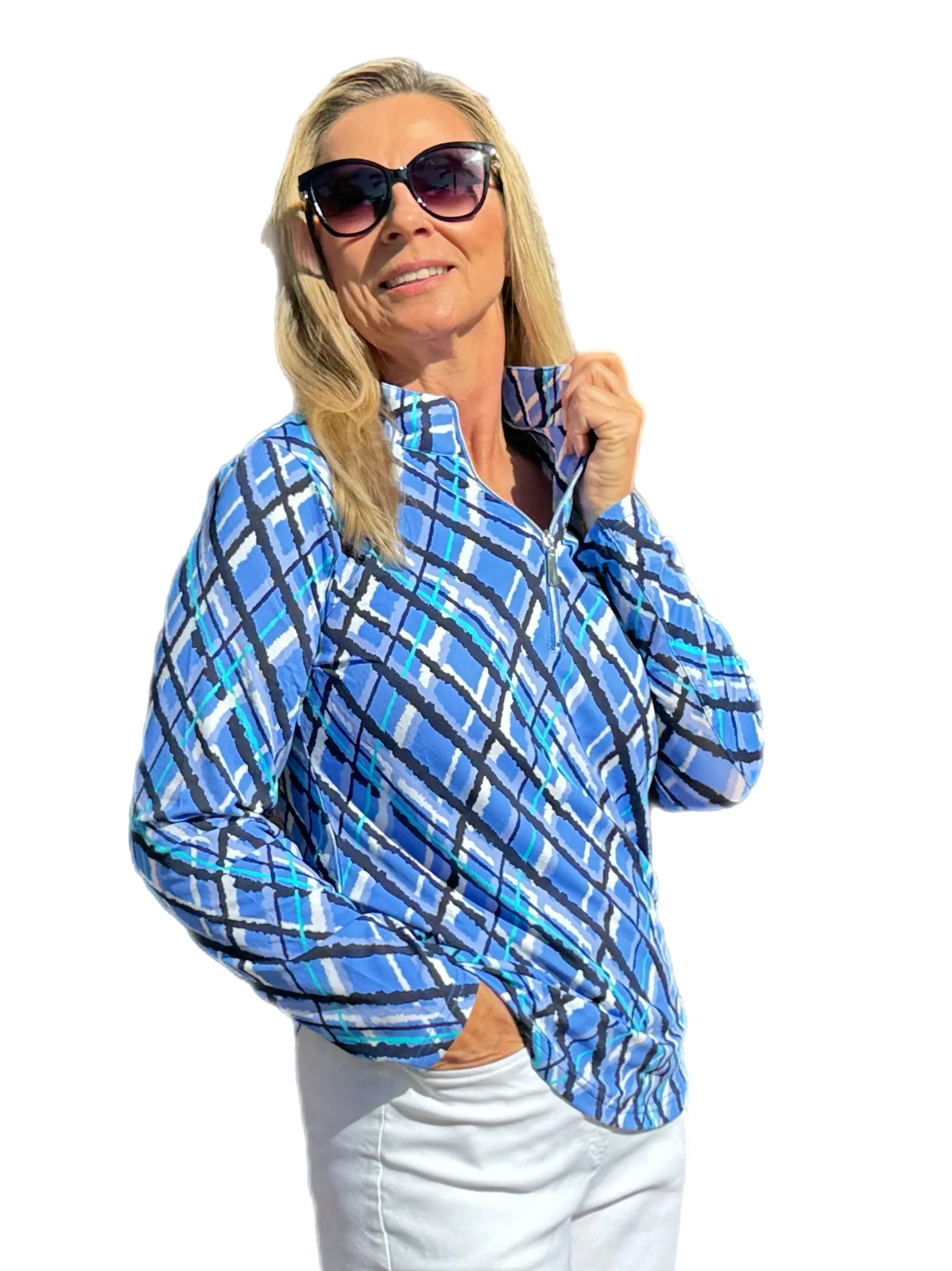 High Zip-Neck Long Sleeve Top with UPF50  Peri Check