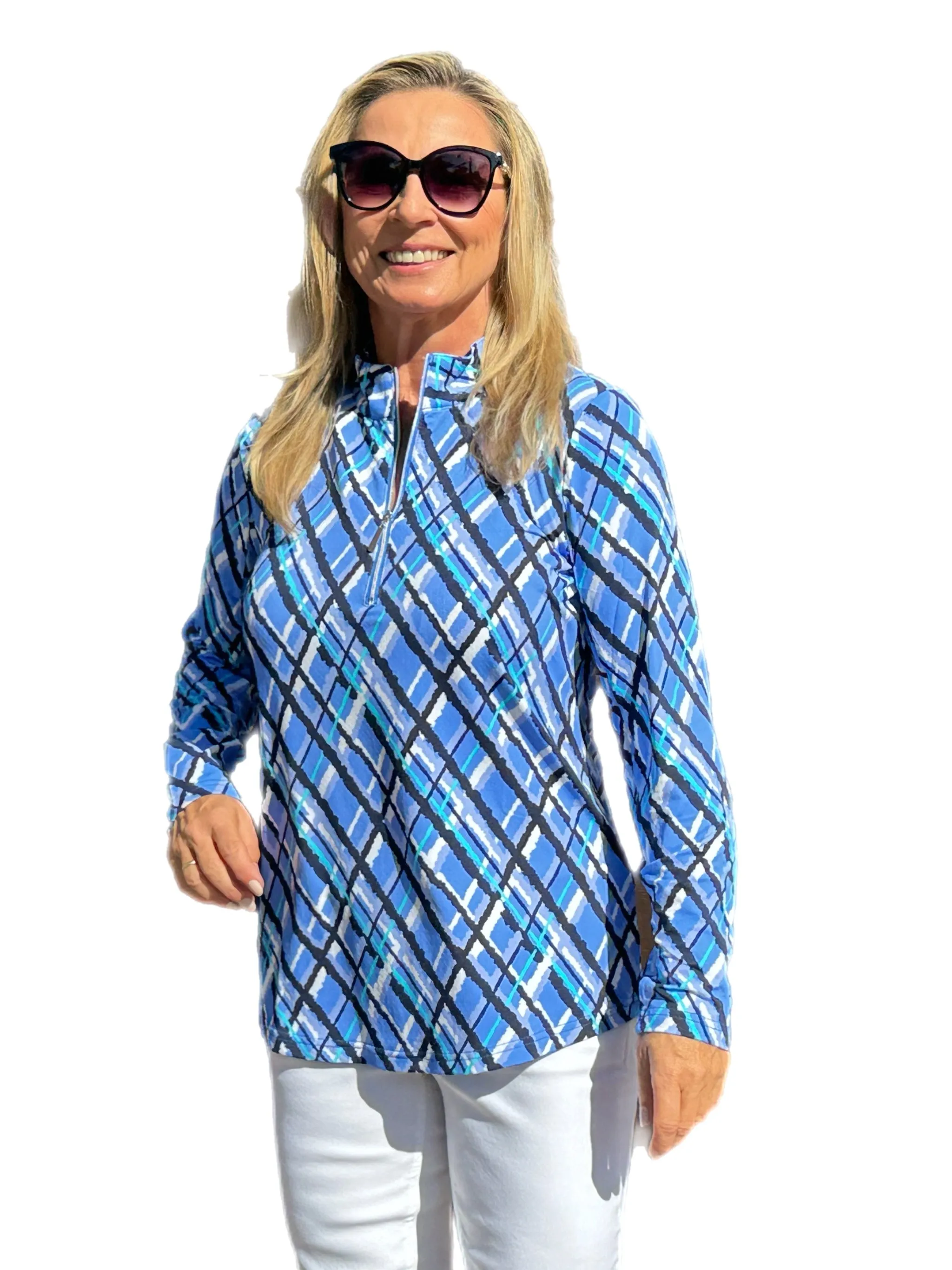 High Zip-Neck Long Sleeve Top with UPF50  Peri Check