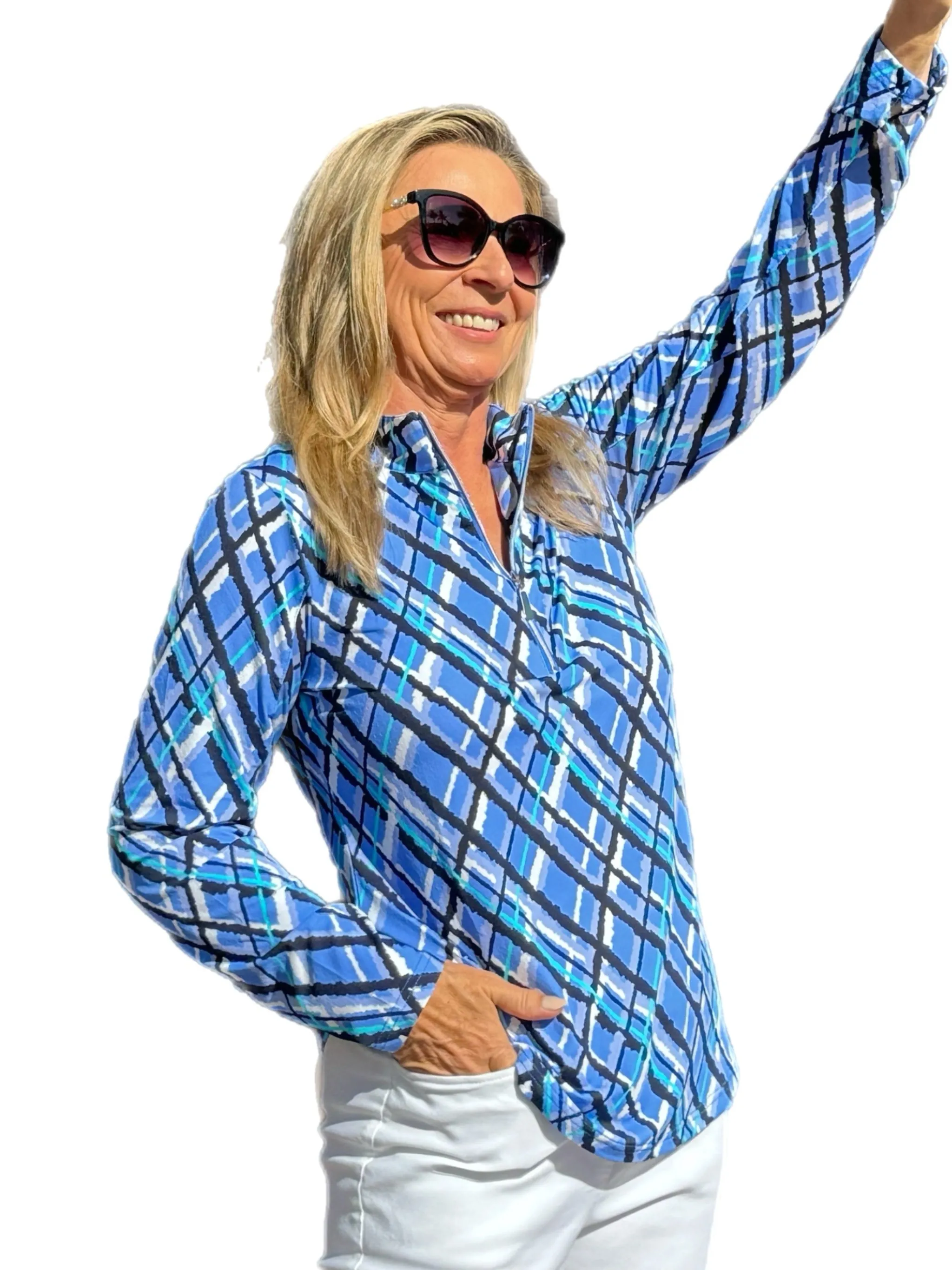 High Zip-Neck Long Sleeve Top with UPF50  Peri Check