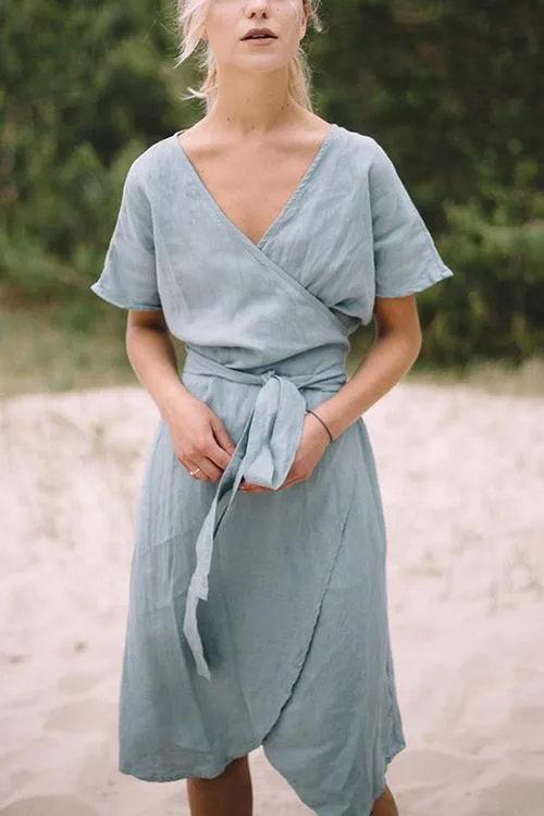 Linen Short Sleeve Wrap Dress