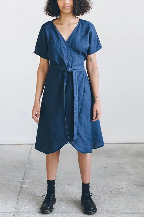 Linen Short Sleeve Wrap Dress