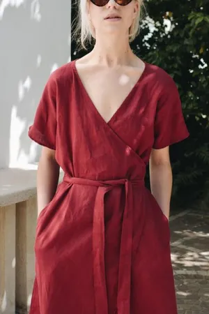 Linen Short Sleeve Wrap Dress