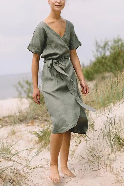 Linen Short Sleeve Wrap Dress