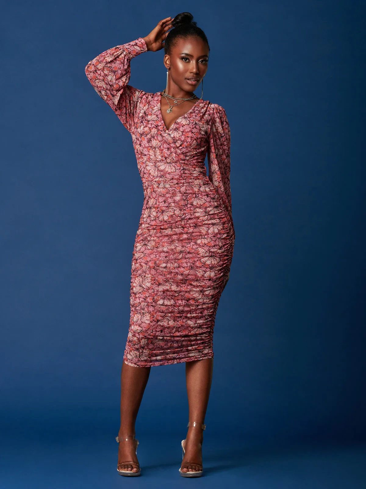 Long Sleeve Ruched Mesh Midi Dress, Pink Multi