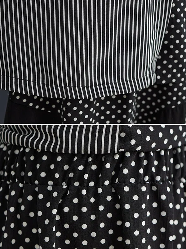 Loose Oversize Striped Polka-Dot Split-Joint Blouse Top A-Line Skirt Bottom Two Pieces Set