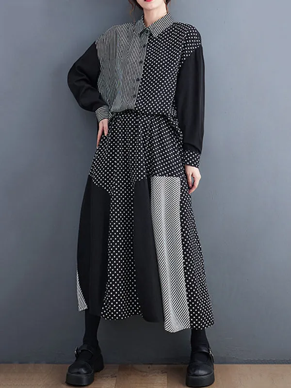 Loose Oversize Striped Polka-Dot Split-Joint Blouse Top A-Line Skirt Bottom Two Pieces Set