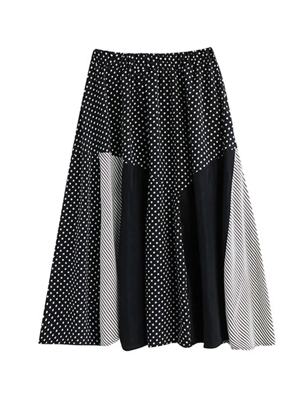 Loose Oversize Striped Polka-Dot Split-Joint Blouse Top A-Line Skirt Bottom Two Pieces Set