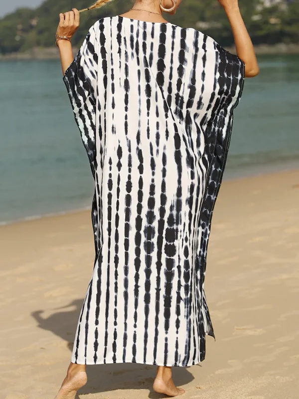 Loose Short Sleeves Printed Split-Side Sun Protection V-Neck Maxi Dresses