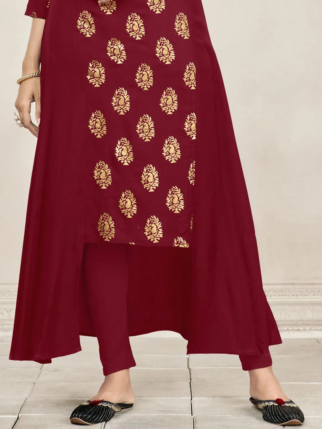 Maroon Foil Print Side Panel Flared Kurti