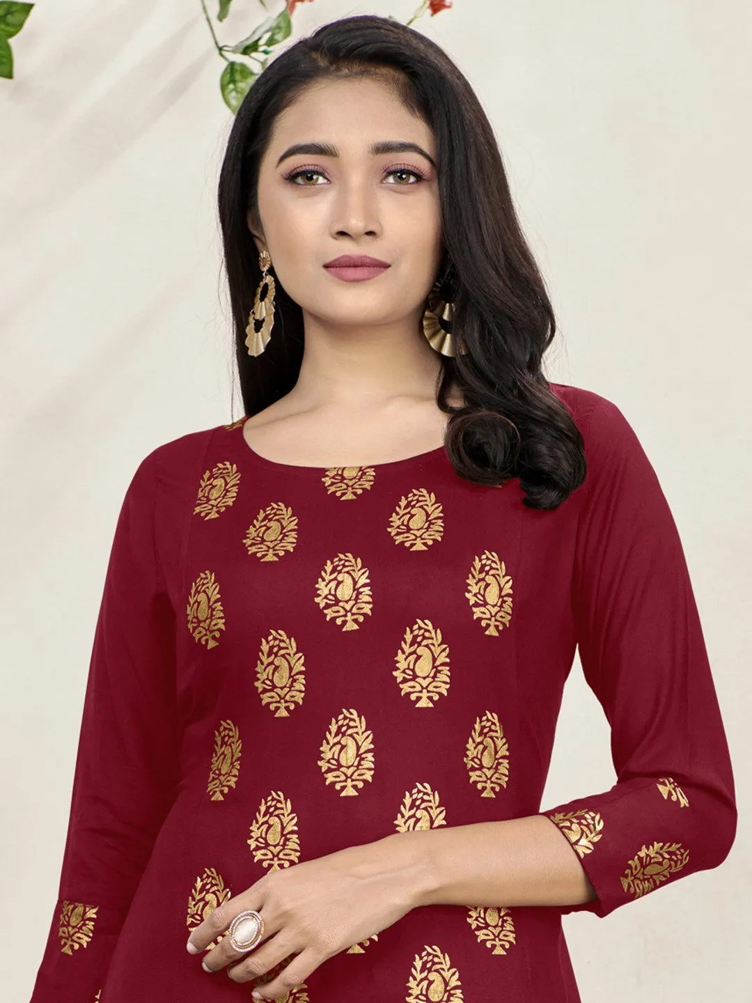 Maroon Foil Print Side Panel Flared Kurti