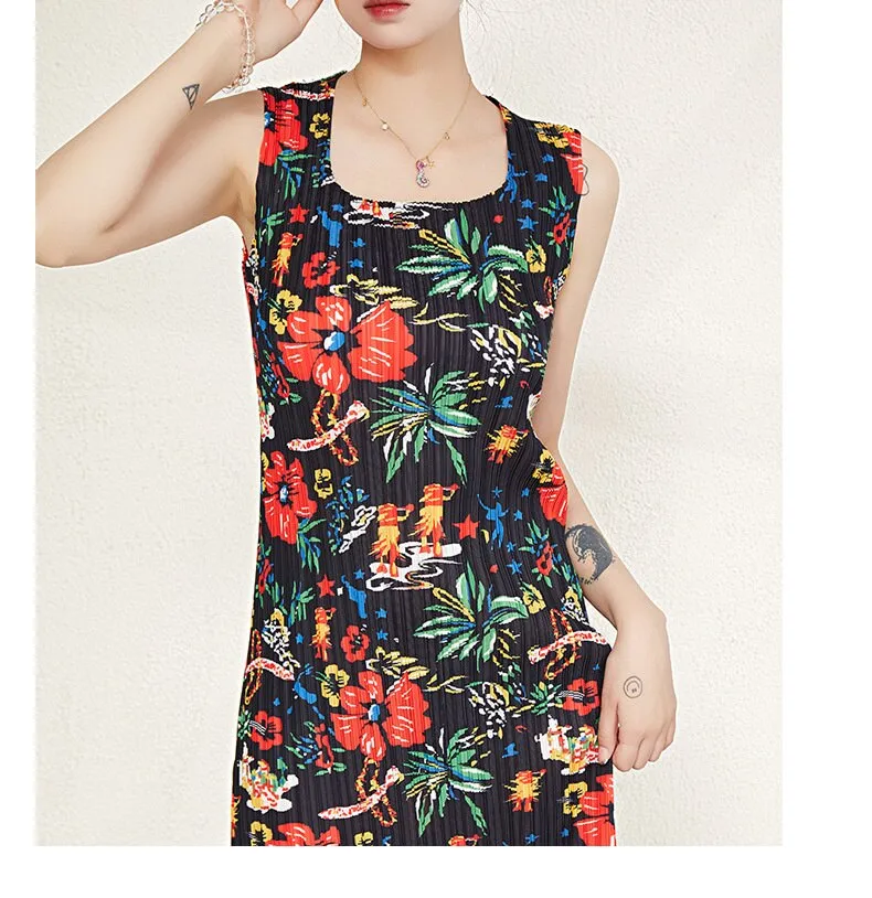 Miyake Pleated Floral Print Fringe Hem Dress