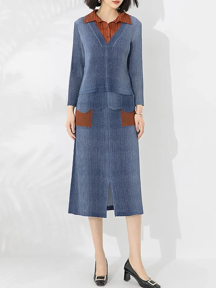 Miyake Pleated Long Sleeve Shirt and Midi Skirt Set