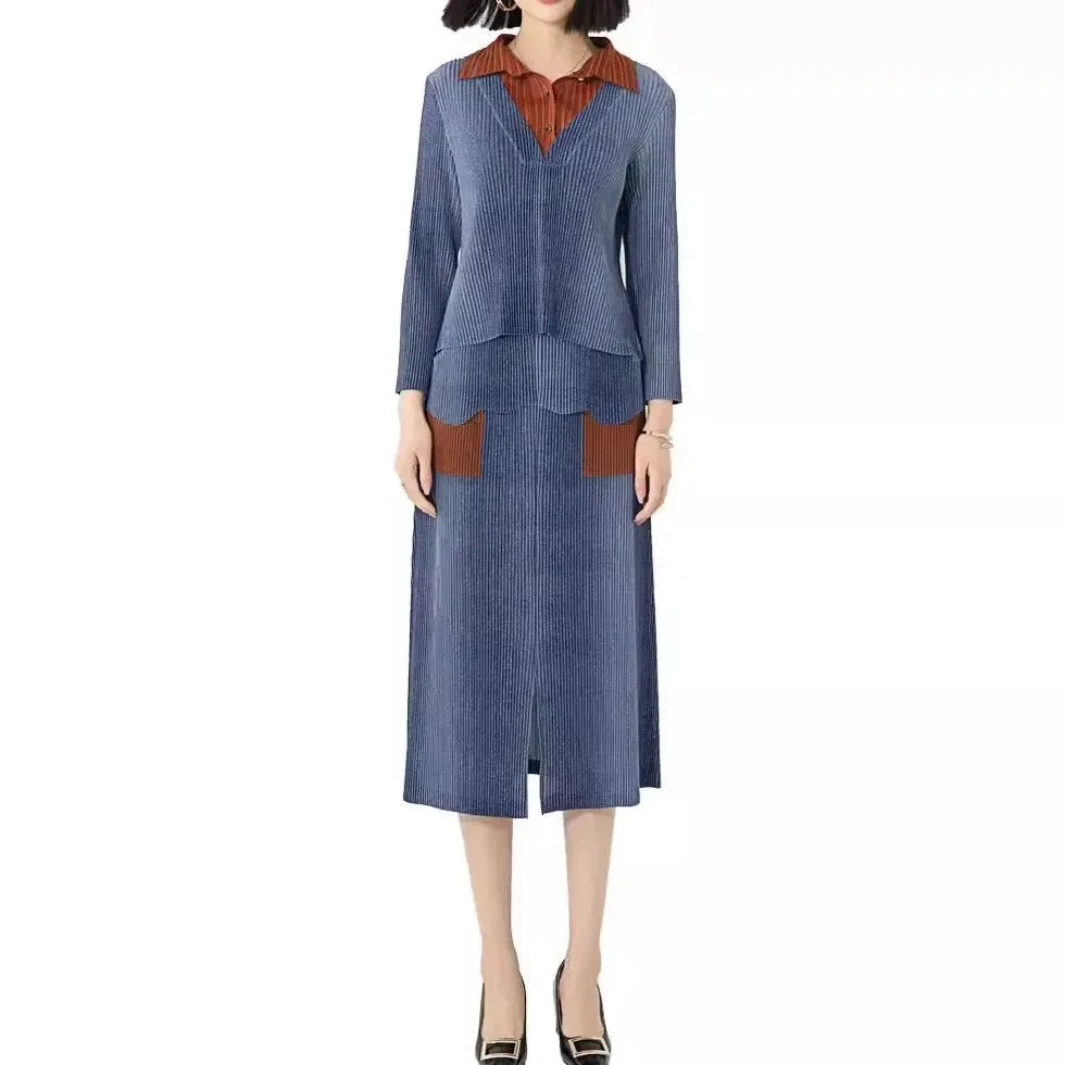 Miyake Pleated Long Sleeve Shirt and Midi Skirt Set