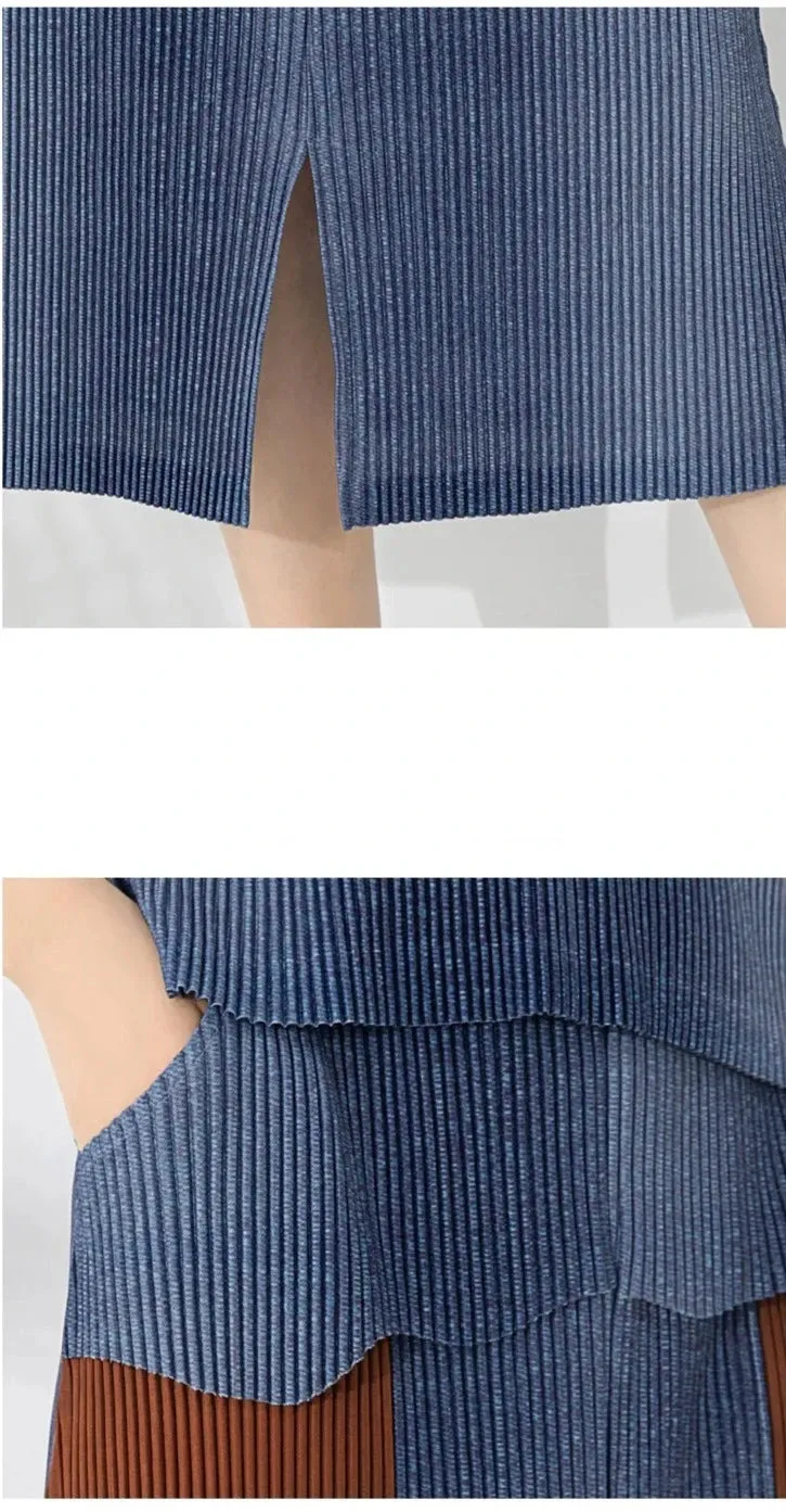 Miyake Pleated Long Sleeve Shirt and Midi Skirt Set