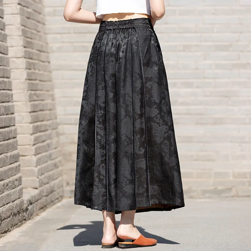 New Chinese-style Black Vintage Pattern Mulberry Silk Midi Skirt Mamianqun Skirt