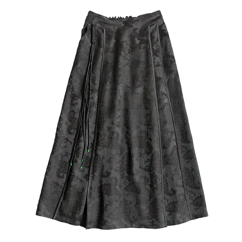 New Chinese-style Black Vintage Pattern Mulberry Silk Midi Skirt Mamianqun Skirt