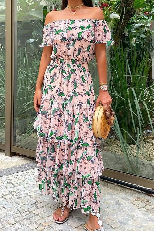 Off Shoulder Floral Layer Maxi Dress