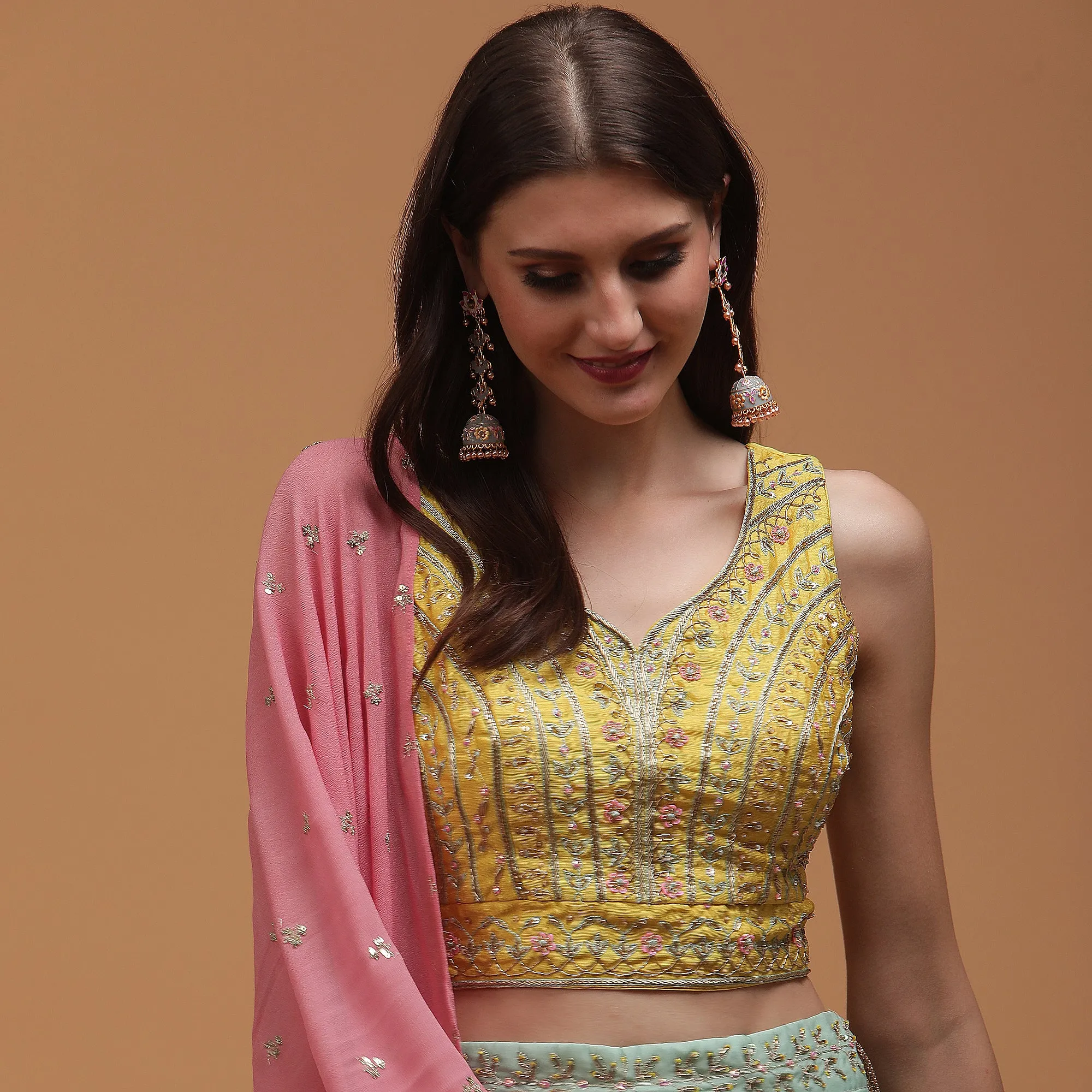 Pannkh Luxe Yellow Embroidered Blouse with Lehenga and Dupatta Set