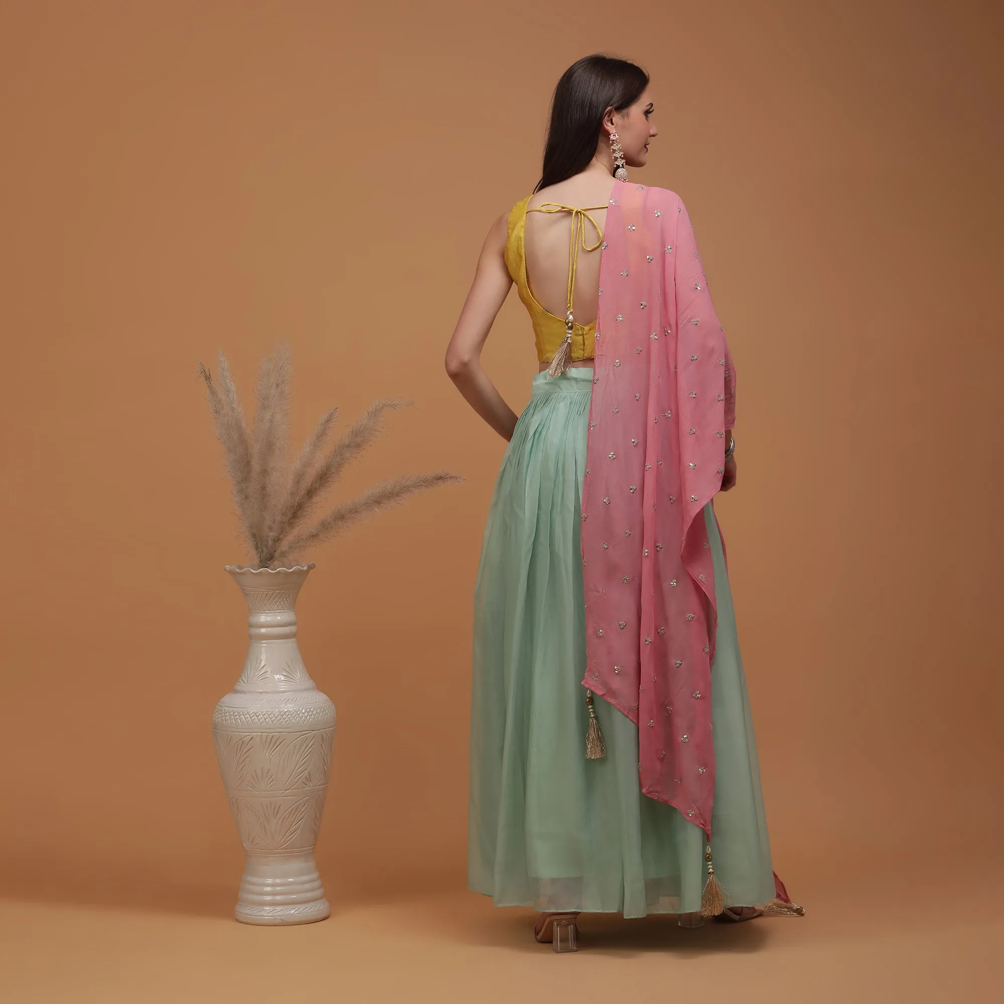 Pannkh Luxe Yellow Embroidered Blouse with Lehenga and Dupatta Set