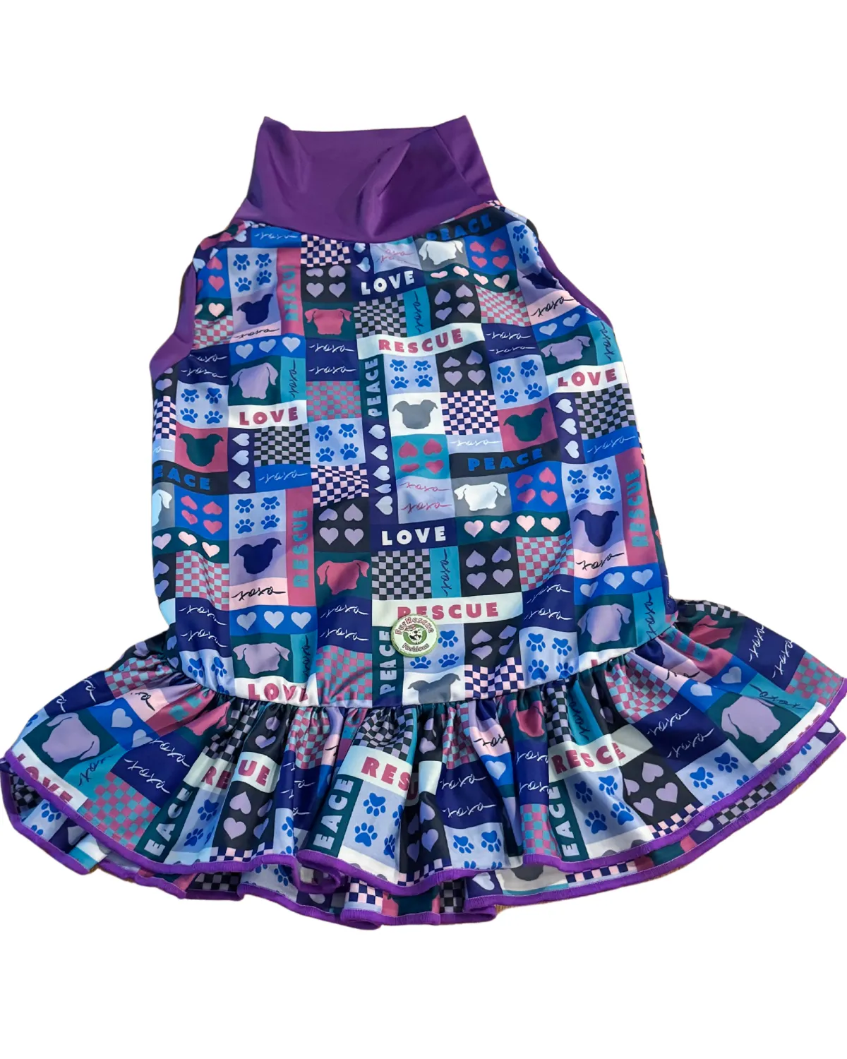 Peace, Love, Rescue (Purple) - Dog Pajama with Purple Trim/Sleeves