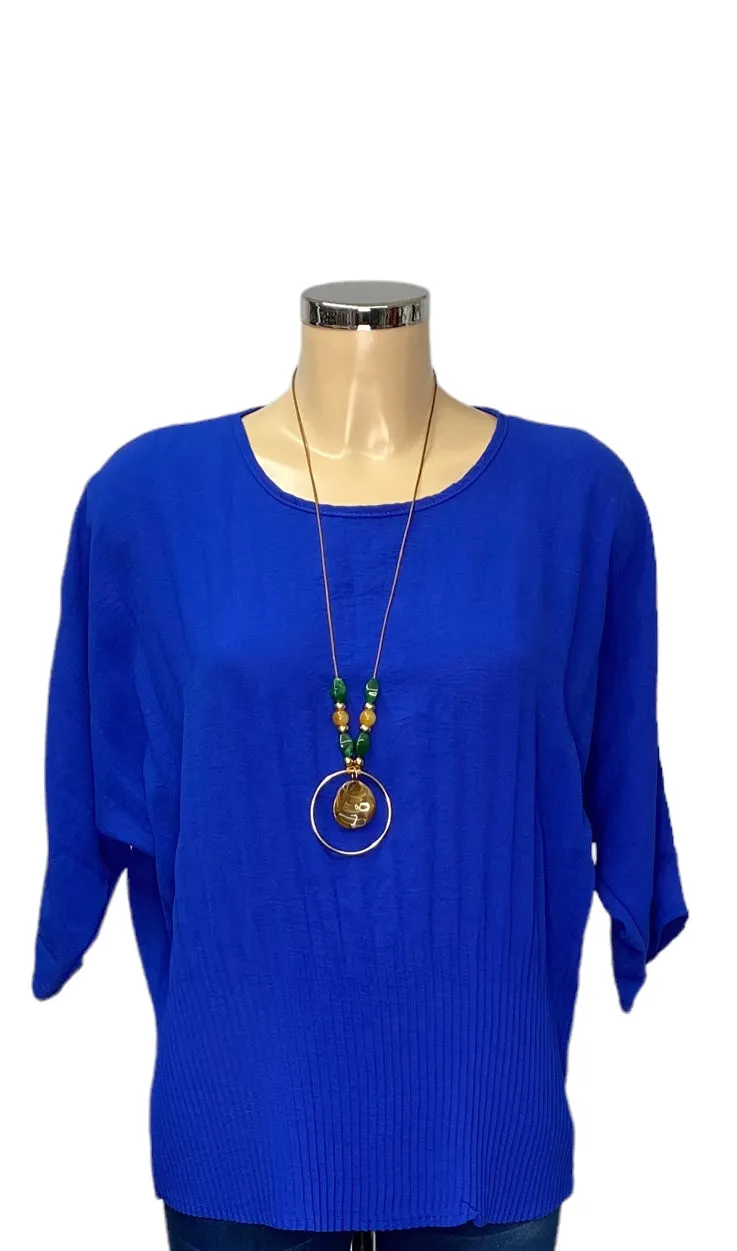 Plain Round Neck Pleated Top With Necklace (8 Colours)