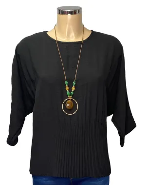 Plain Round Neck Pleated Top With Necklace (8 Colours)