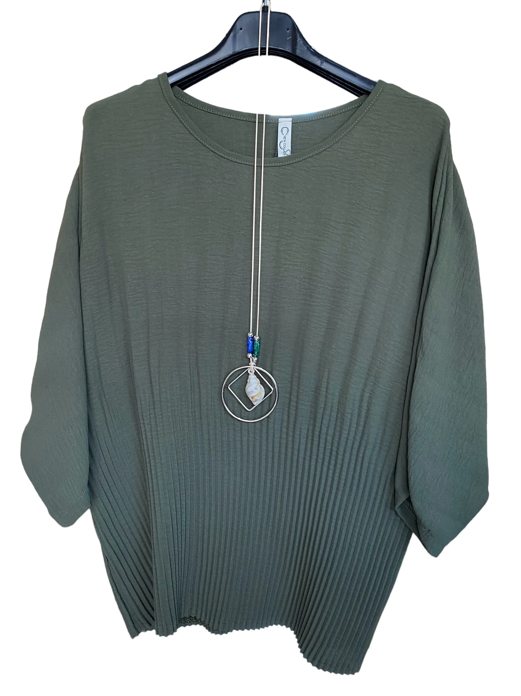 Plain Round Neck Pleated Top With Necklace (8 Colours)