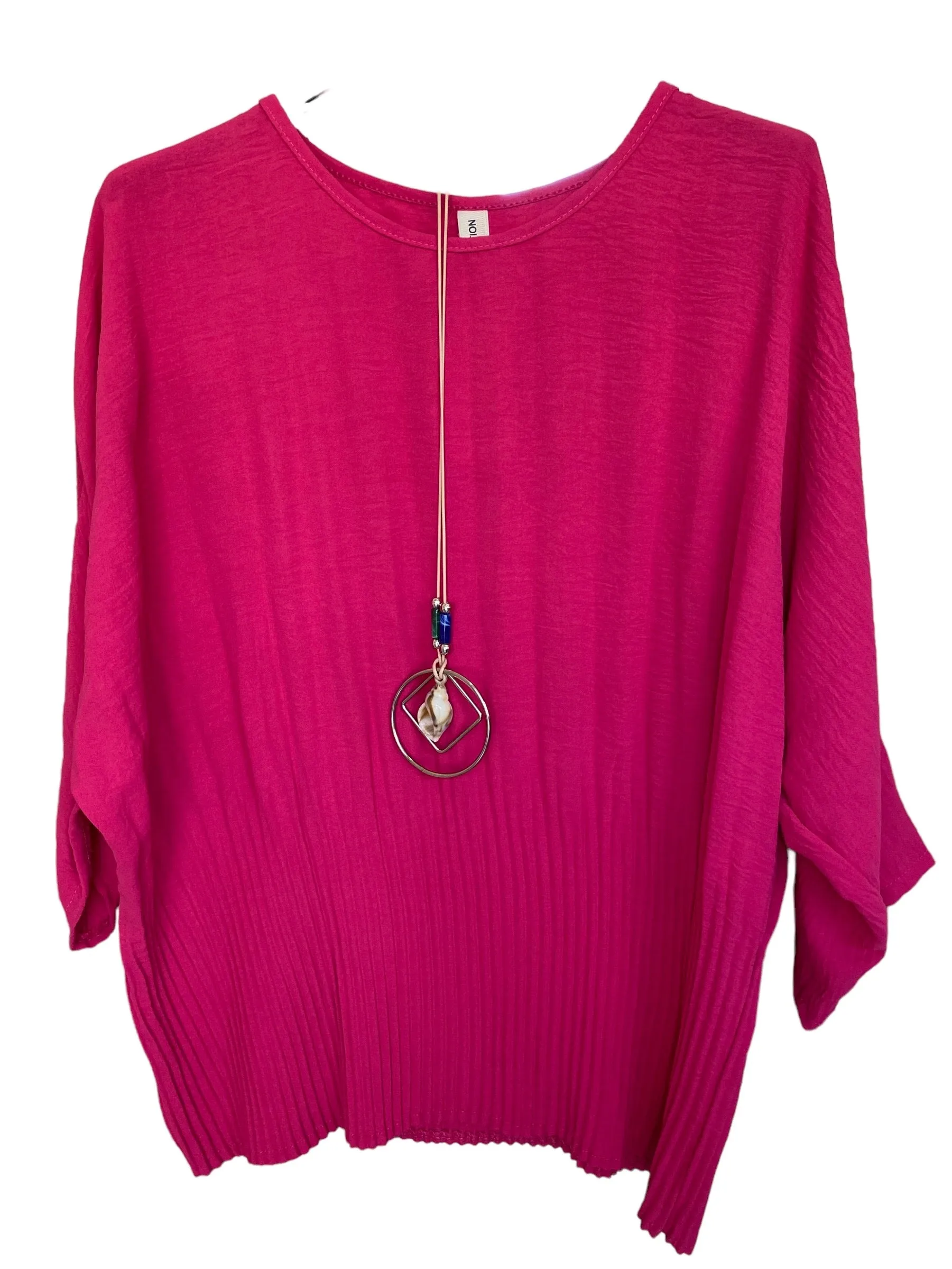 Plain Round Neck Pleated Top With Necklace (8 Colours)