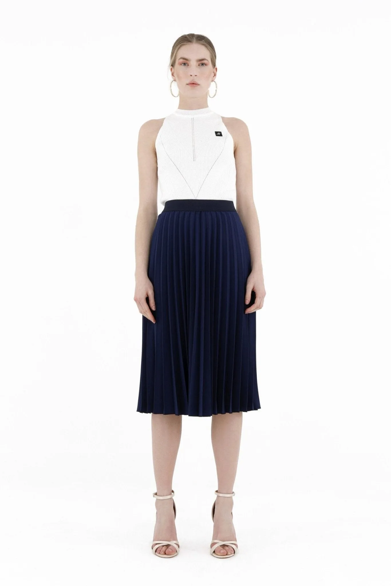 Pleated Skirt High Waist Elastic Waist Band Midi Skirt