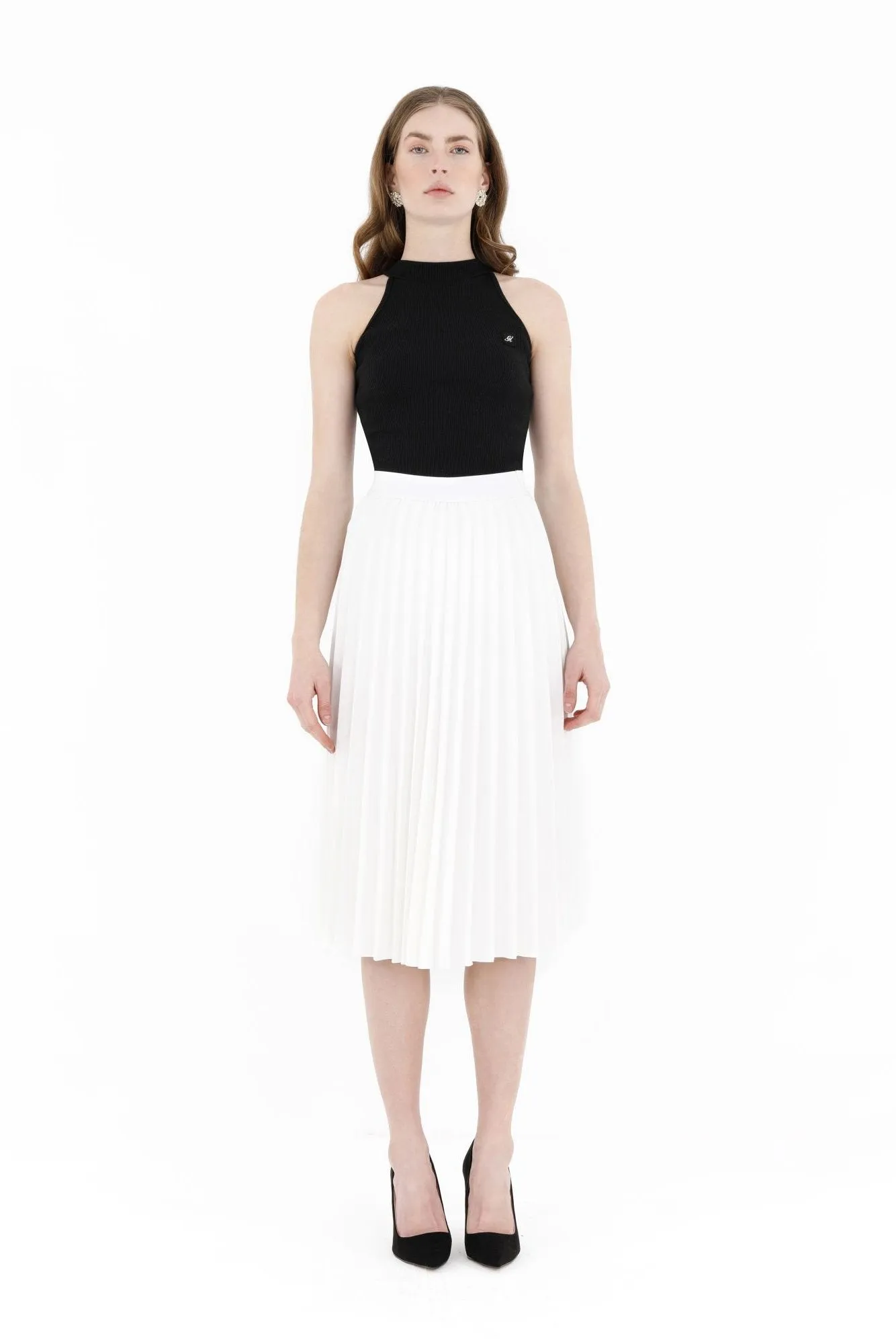 Pleated Skirt High Waist Elastic Waist Band Midi Skirt