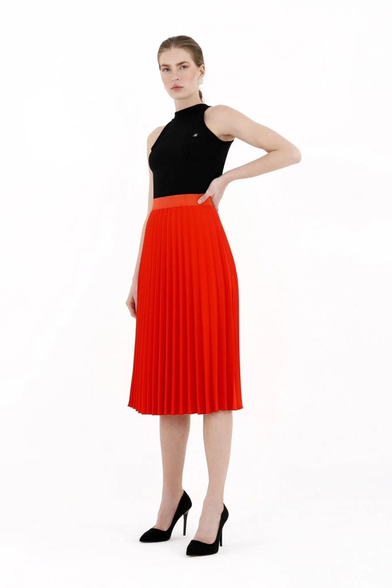 Pleated Skirt High Waist Elastic Waist Band Midi Skirt