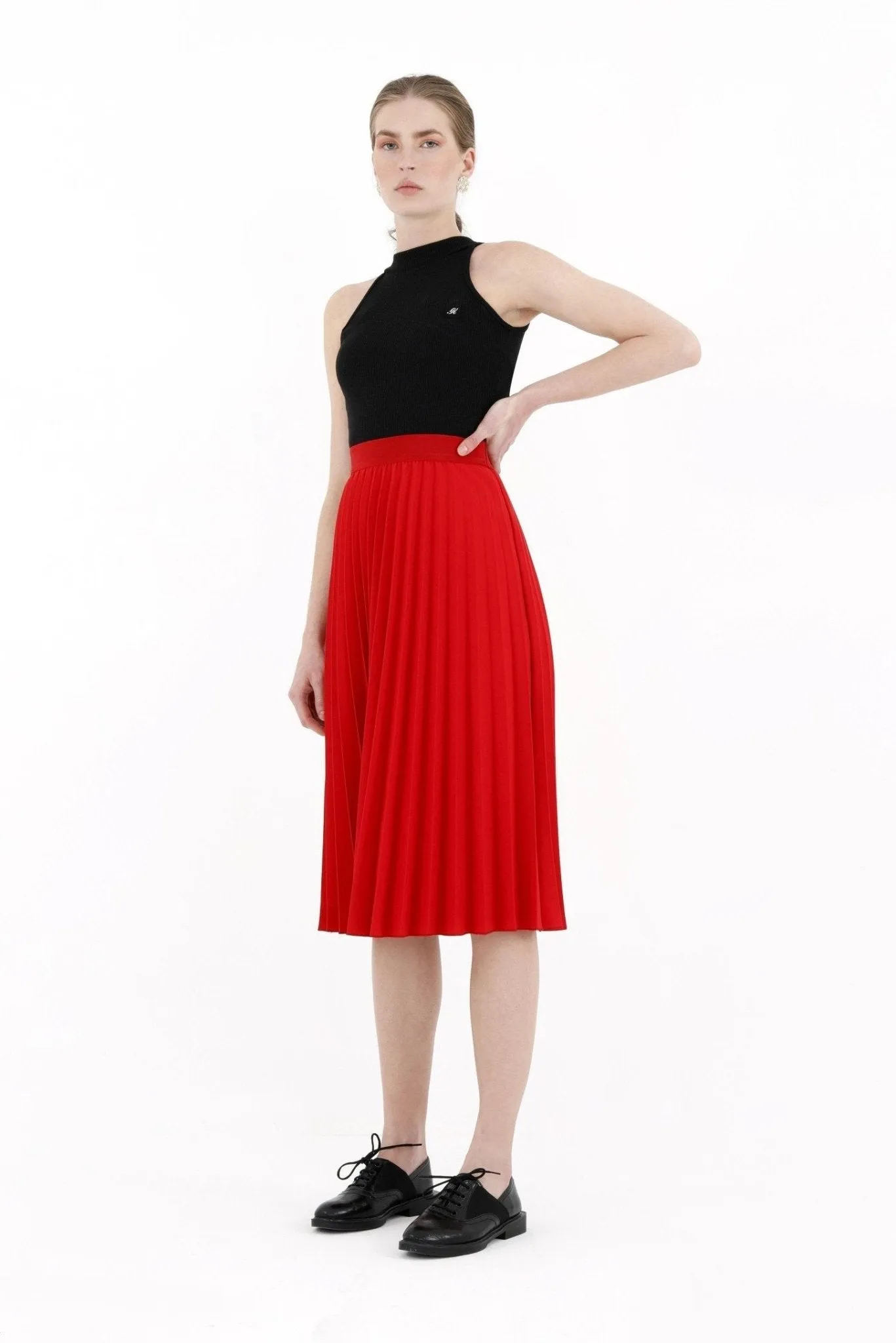 Pleated Skirt High Waist Elastic Waist Band Midi Skirt