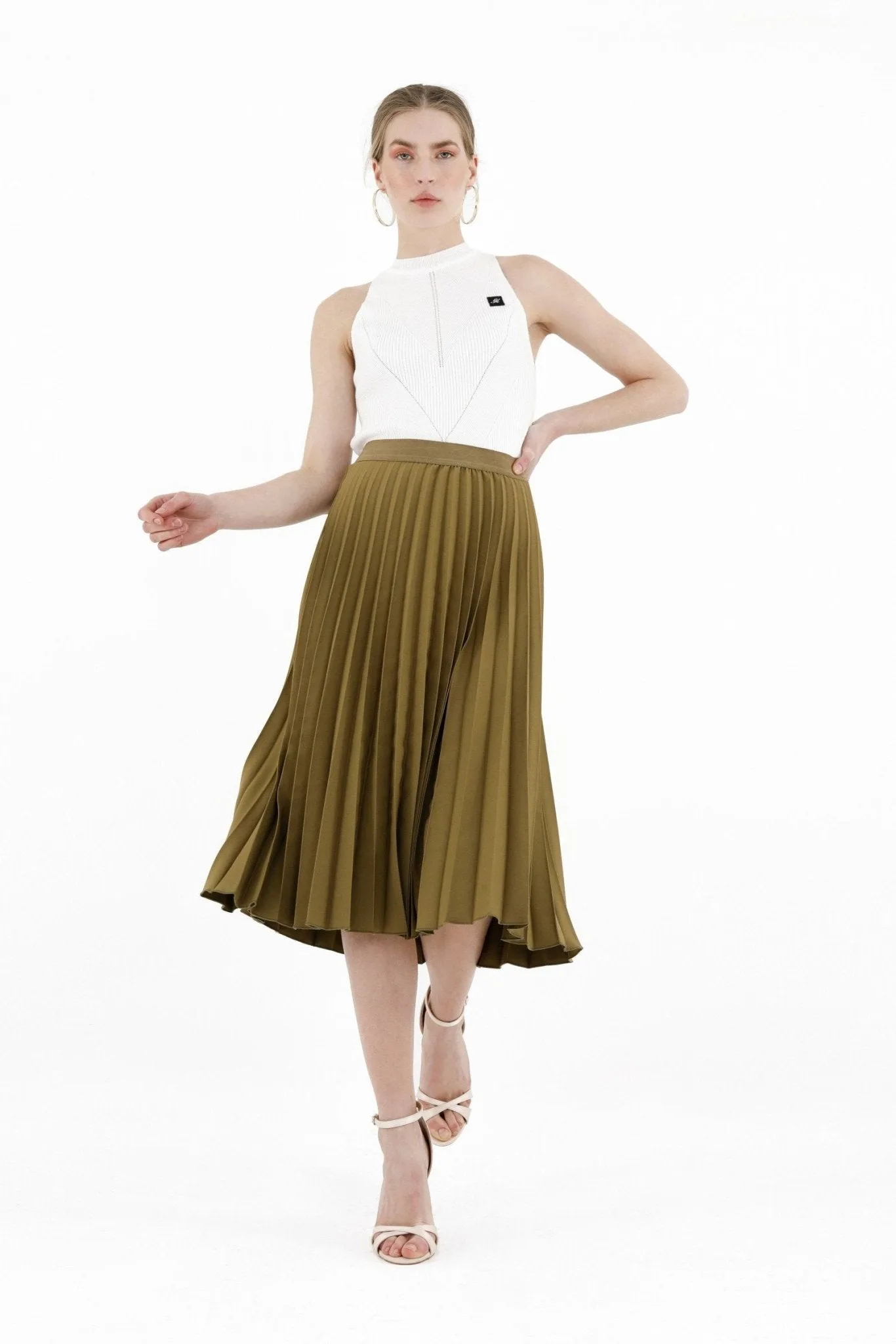 Pleated Skirt High Waist Elastic Waist Band Midi Skirt