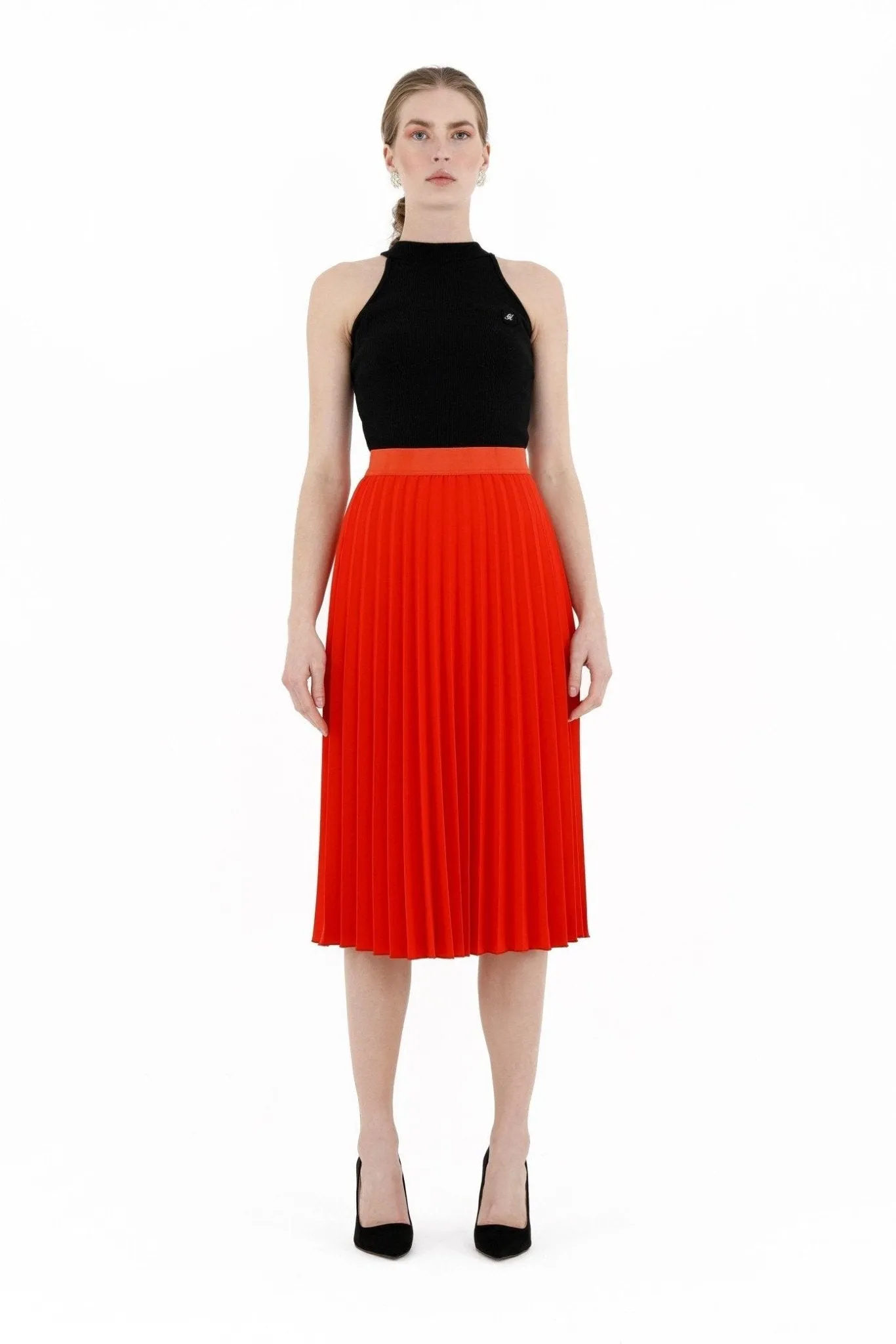 Pleated Skirt High Waist Elastic Waist Band Midi Skirt