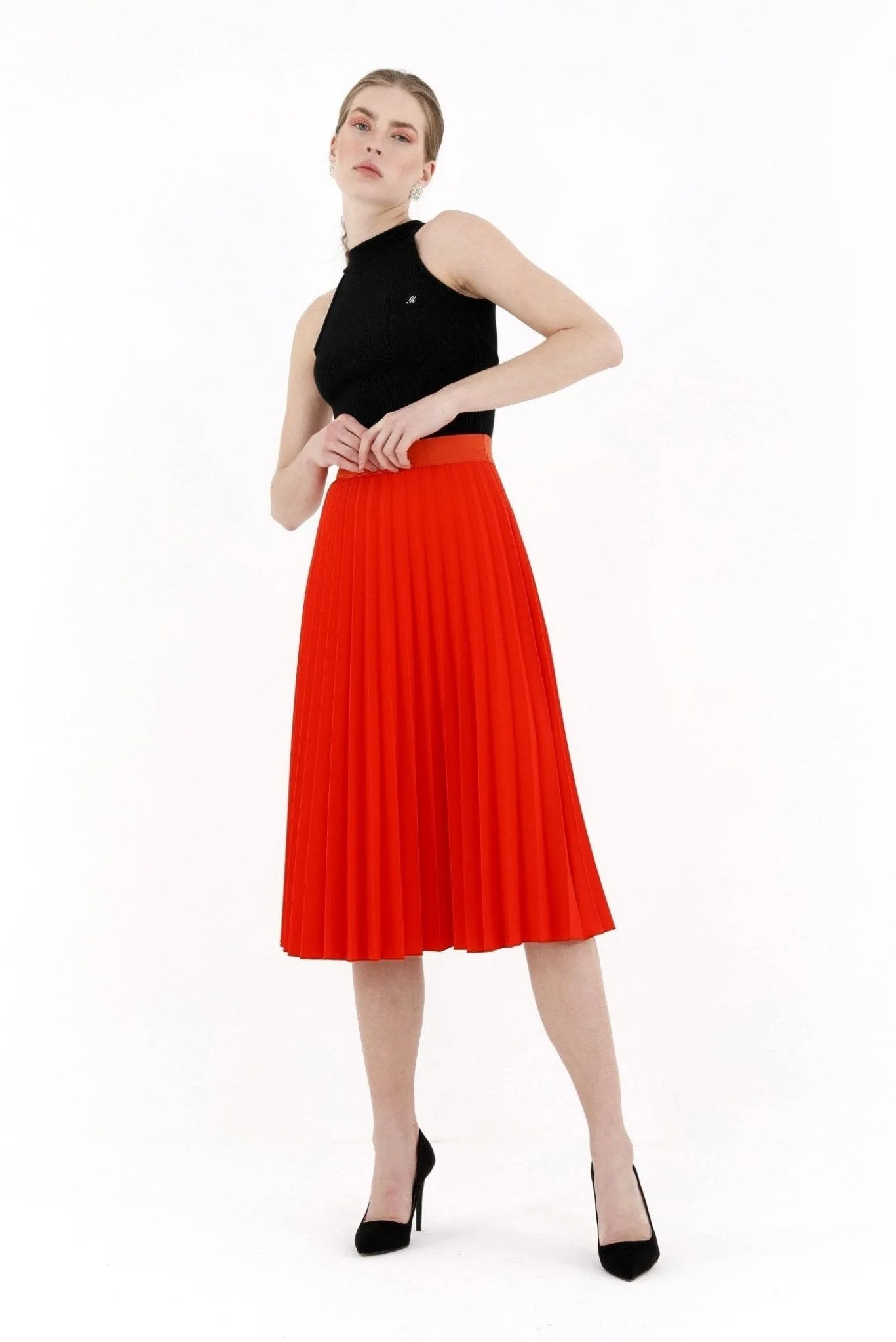 Pleated Skirt High Waist Elastic Waist Band Midi Skirt