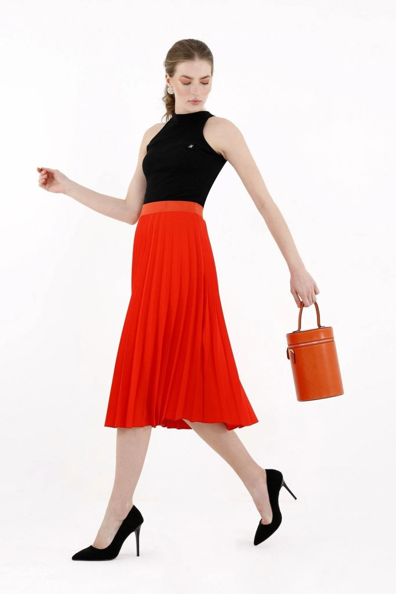 Pleated Skirt High Waist Elastic Waist Band Midi Skirt