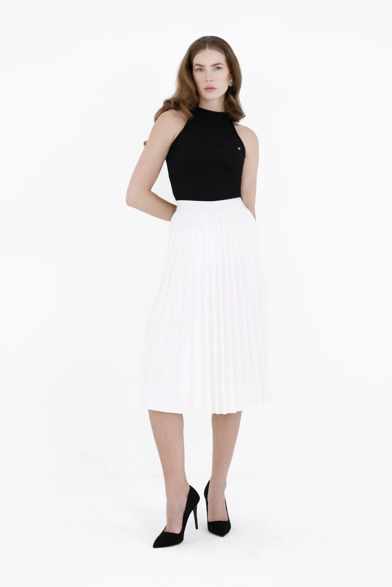 Pleated Skirt High Waist Elastic Waist Band Midi Skirt