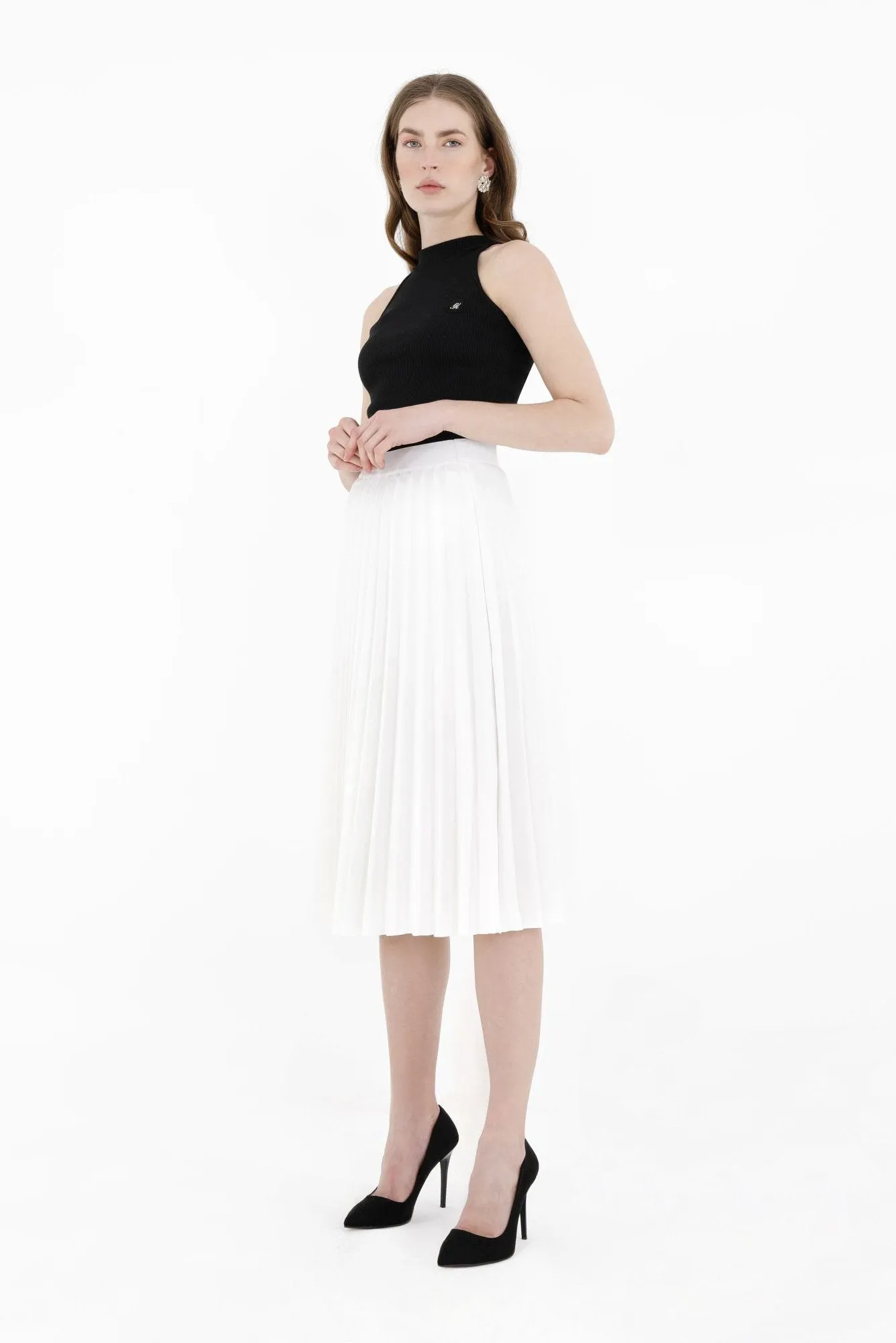 Pleated Skirt High Waist Elastic Waist Band Midi Skirt