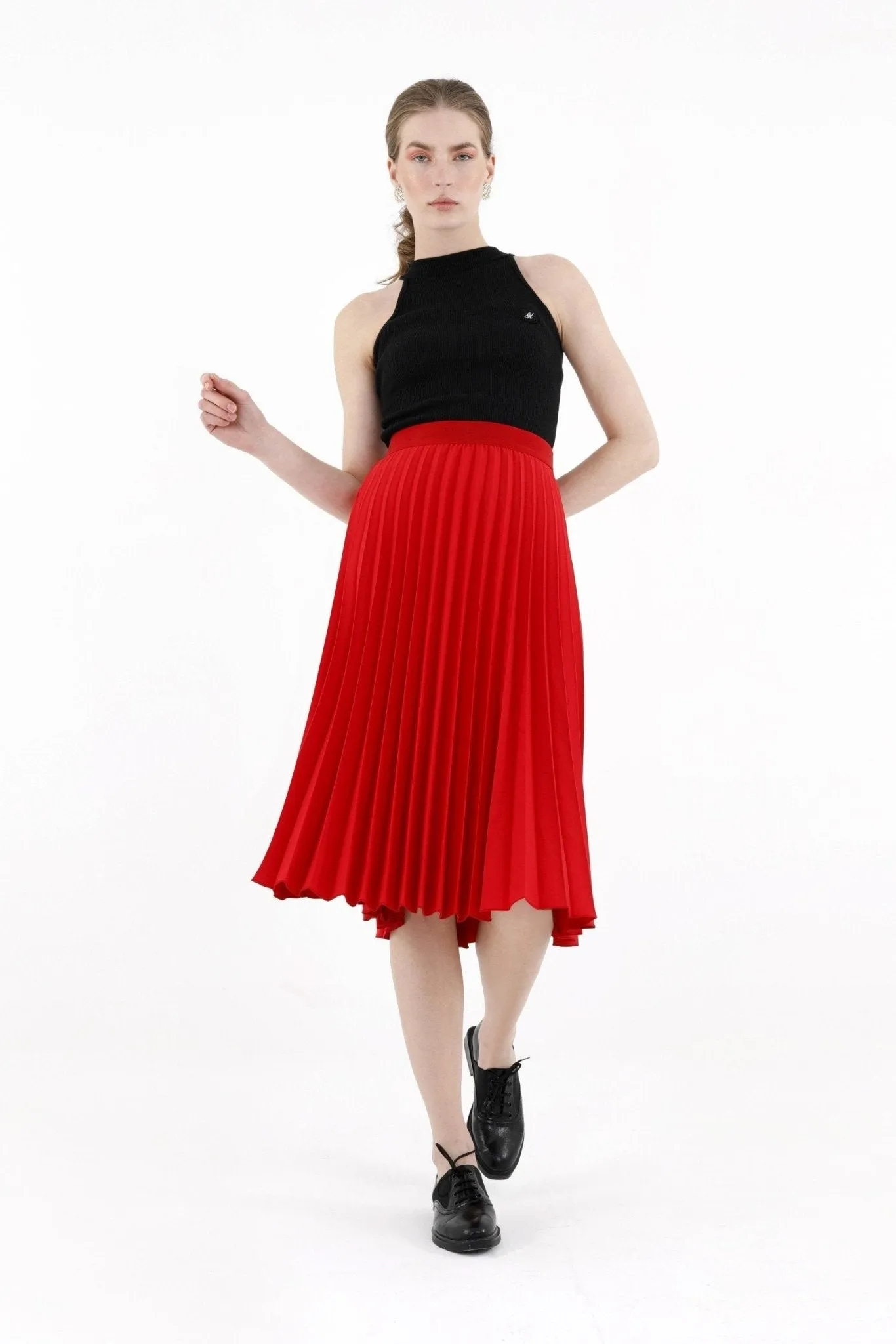 Pleated Skirt High Waist Elastic Waist Band Midi Skirt