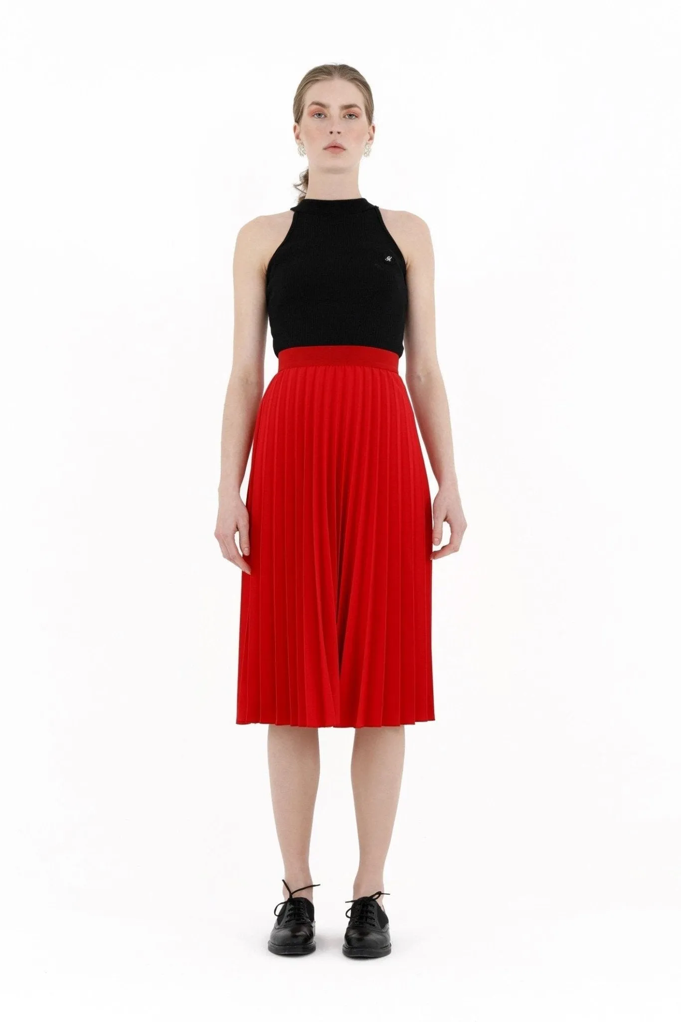 Pleated Skirt High Waist Elastic Waist Band Midi Skirt