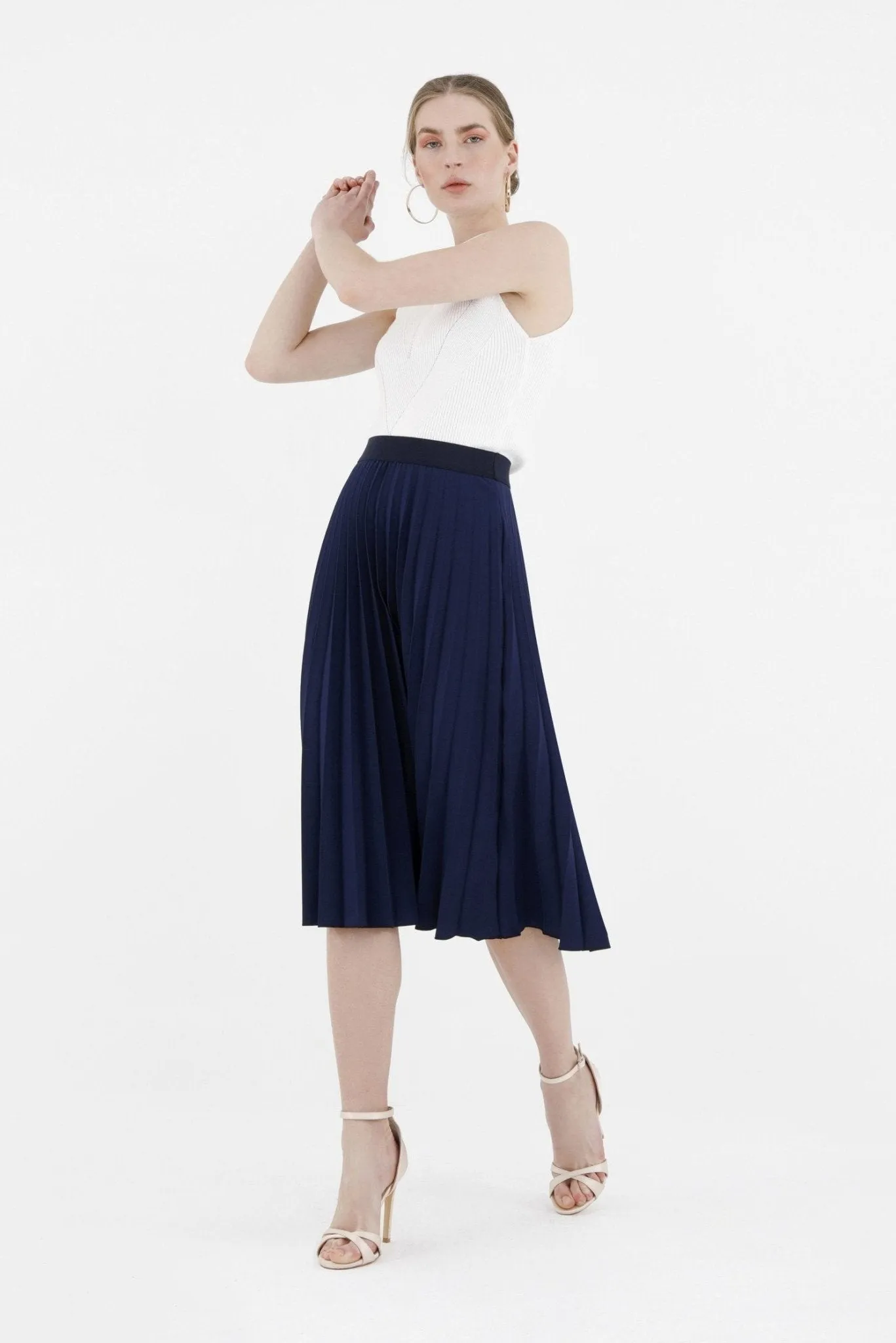 Pleated Skirt High Waist Elastic Waist Band Midi Skirt