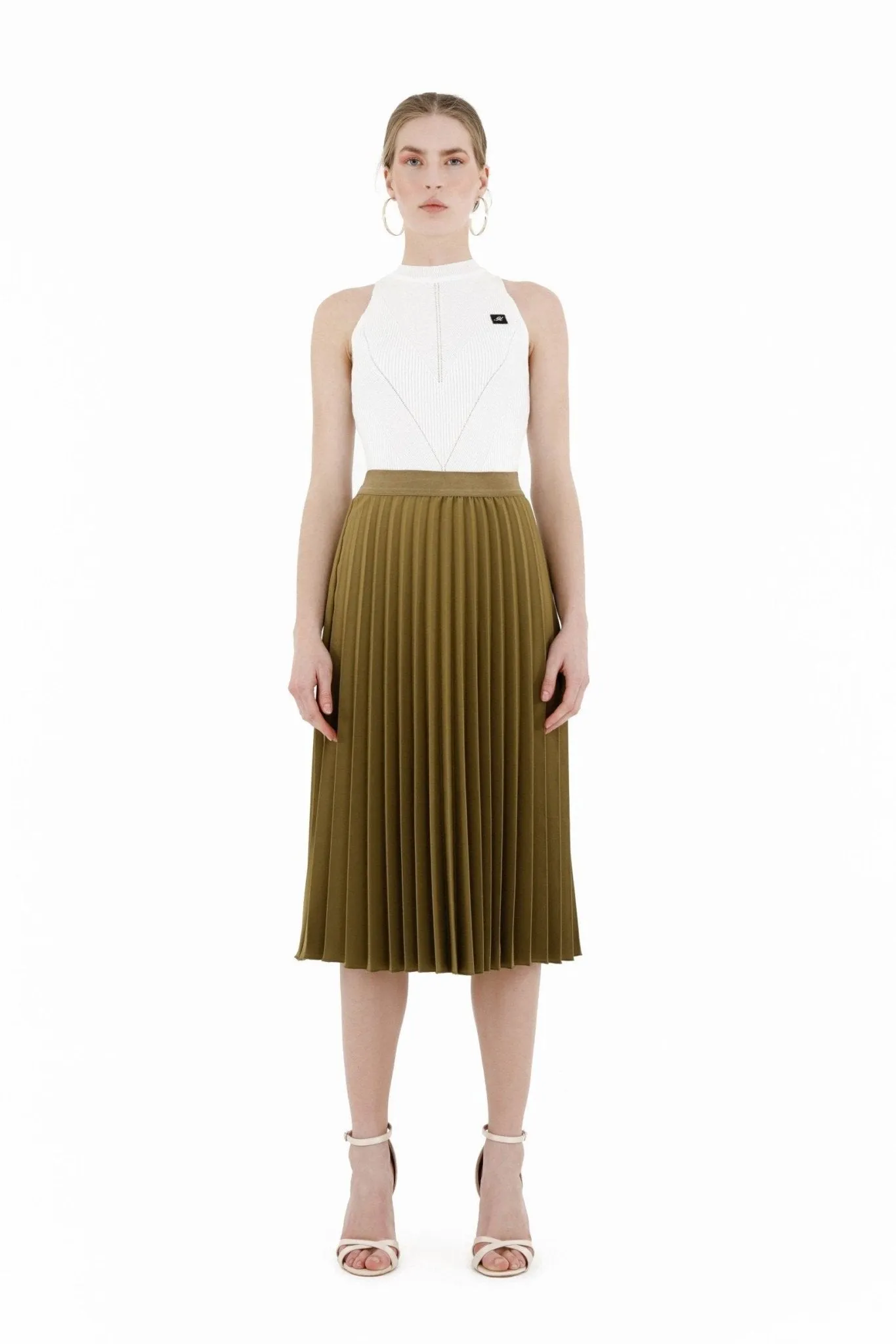 Pleated Skirt High Waist Elastic Waist Band Midi Skirt