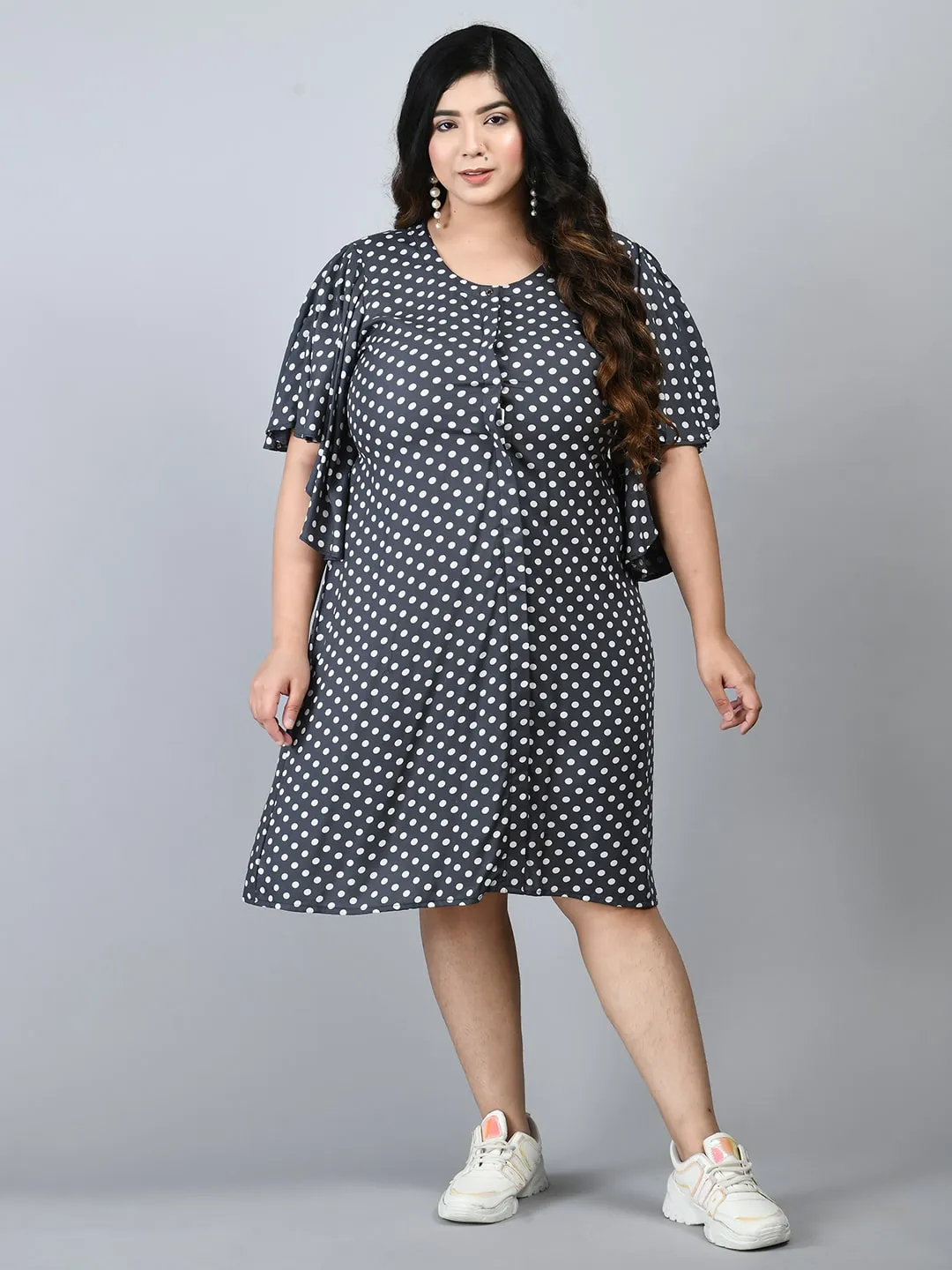 Plus Size Plus Size Grey Polka Dots A-Line Dress