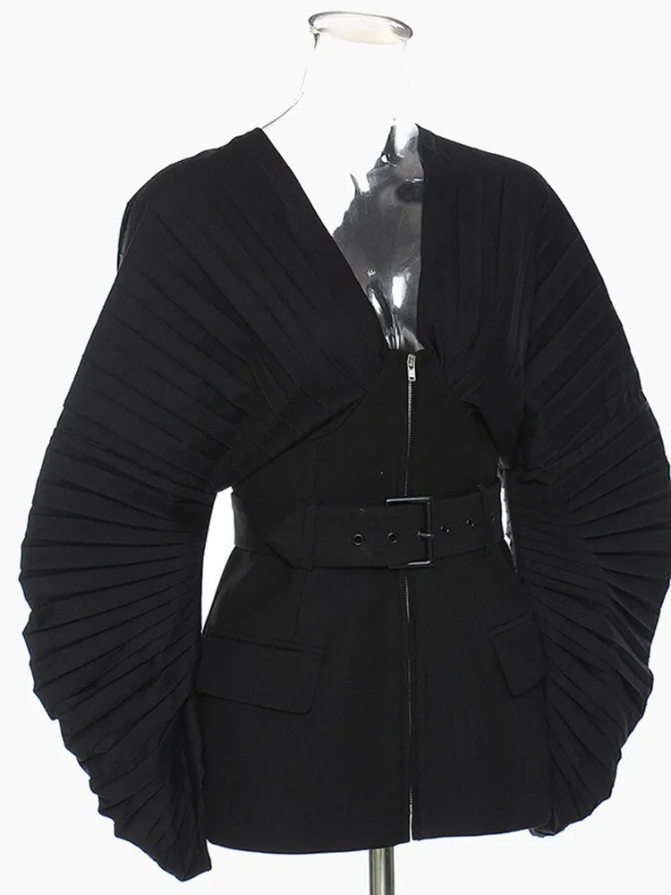 Pre Order:  Black Pleated Belted Blazer