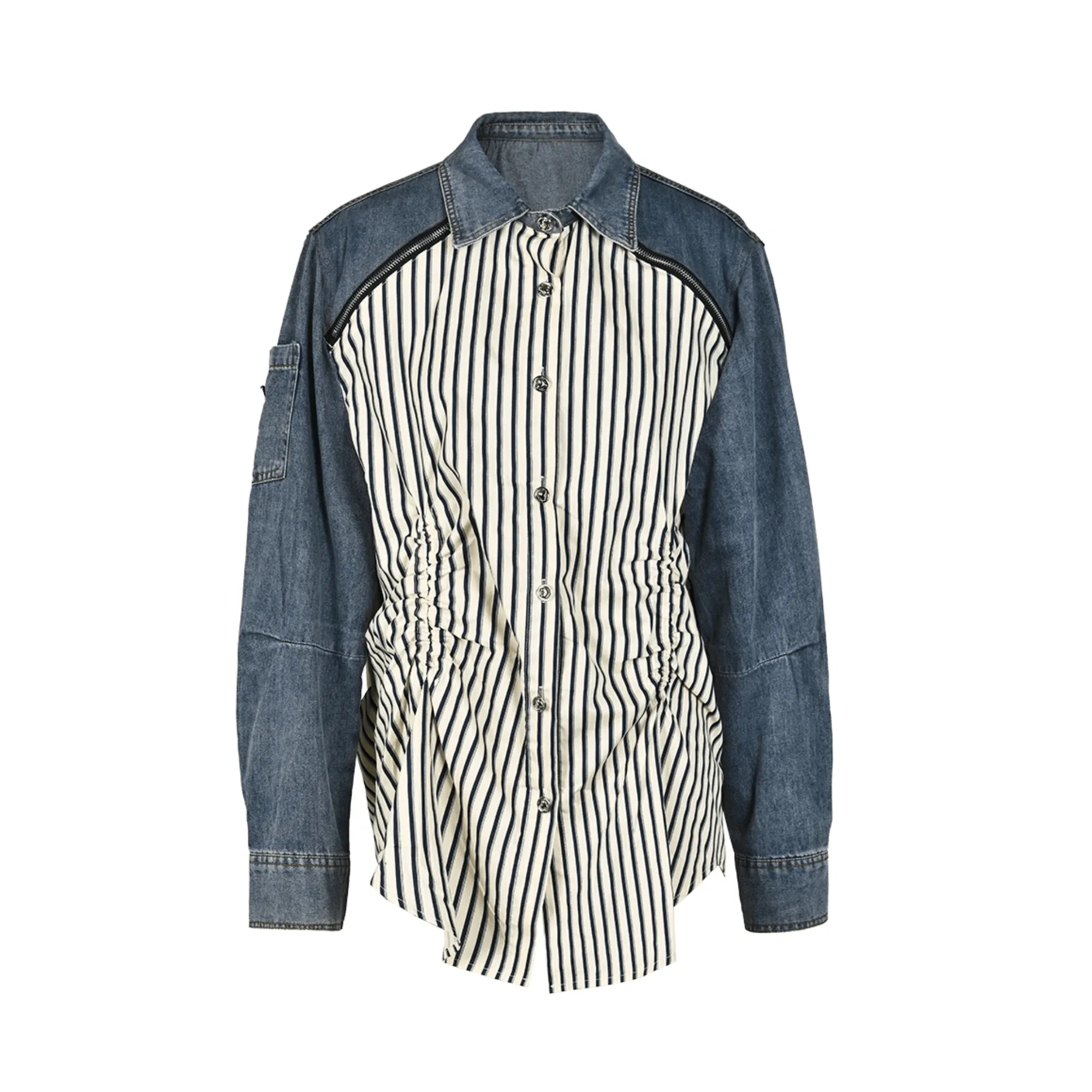 Pre Order:  Denim Spliced Ruched Striped Shirt