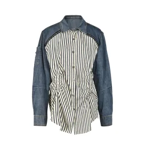 Pre Order:  Denim Spliced Ruched Striped Shirt