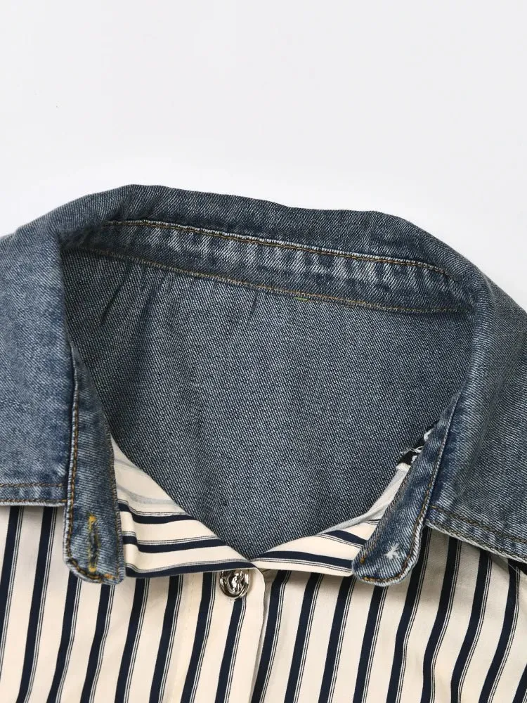 Pre Order:  Denim Spliced Ruched Striped Shirt