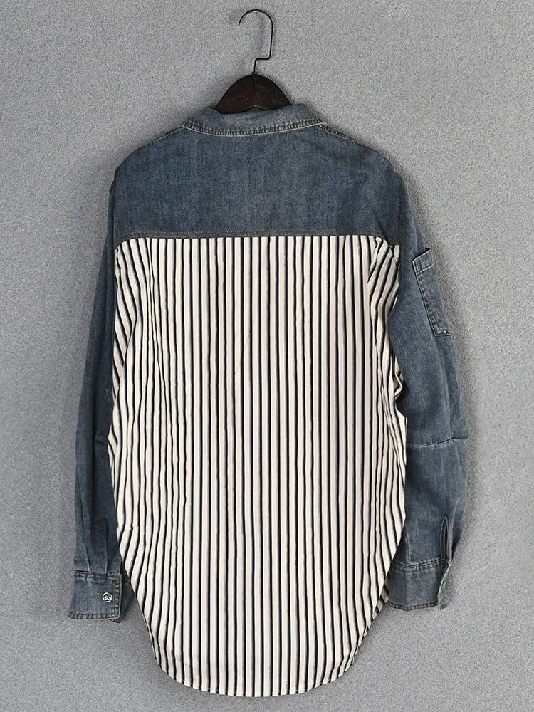 Pre Order:  Denim Spliced Ruched Striped Shirt