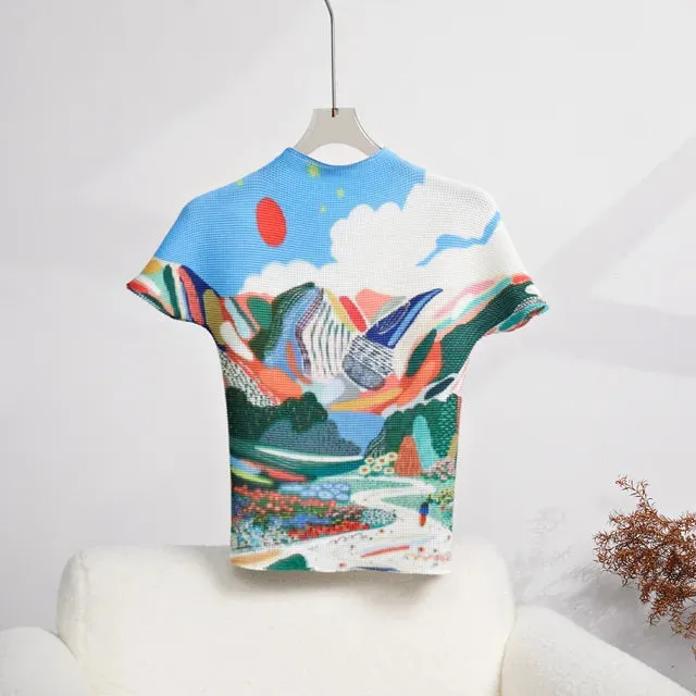 Pre Order:  Landscape Art Top Skirt Plisse Set